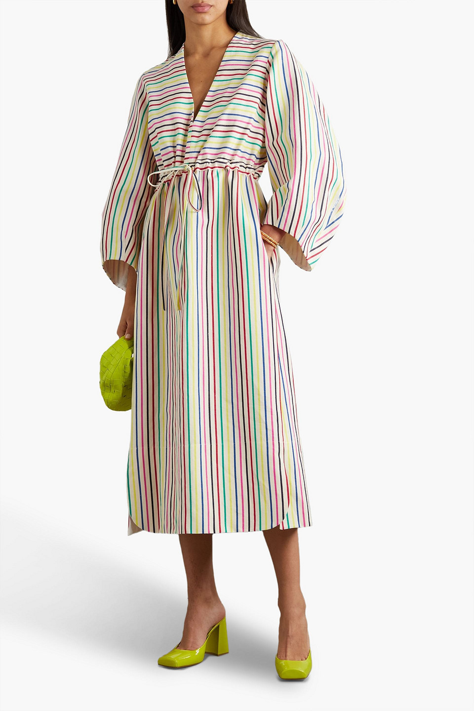 Shop Rosie Assoulin Vivella Gathered Striped Cotton And Linen-blend Midi Dress In Ivory