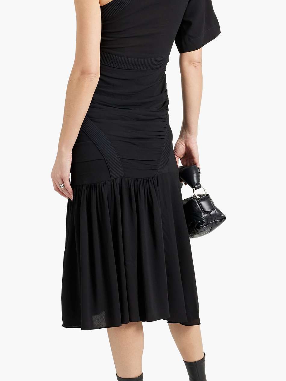 one-sleeve ruched crepe midi dress