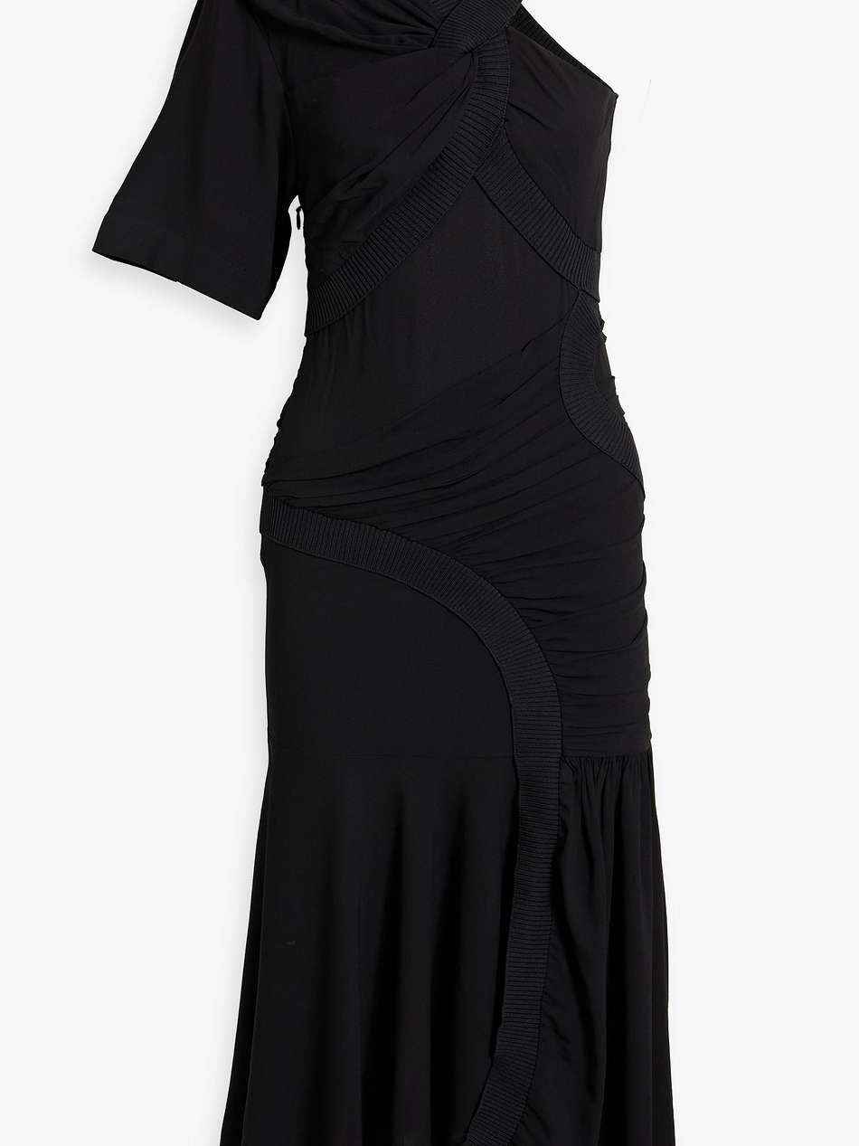 one-sleeve ruched crepe midi dress