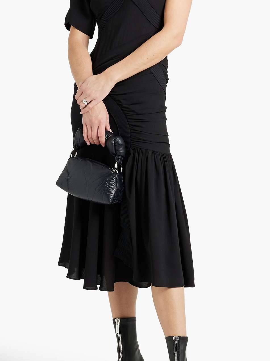 one-sleeve ruched crepe midi dress