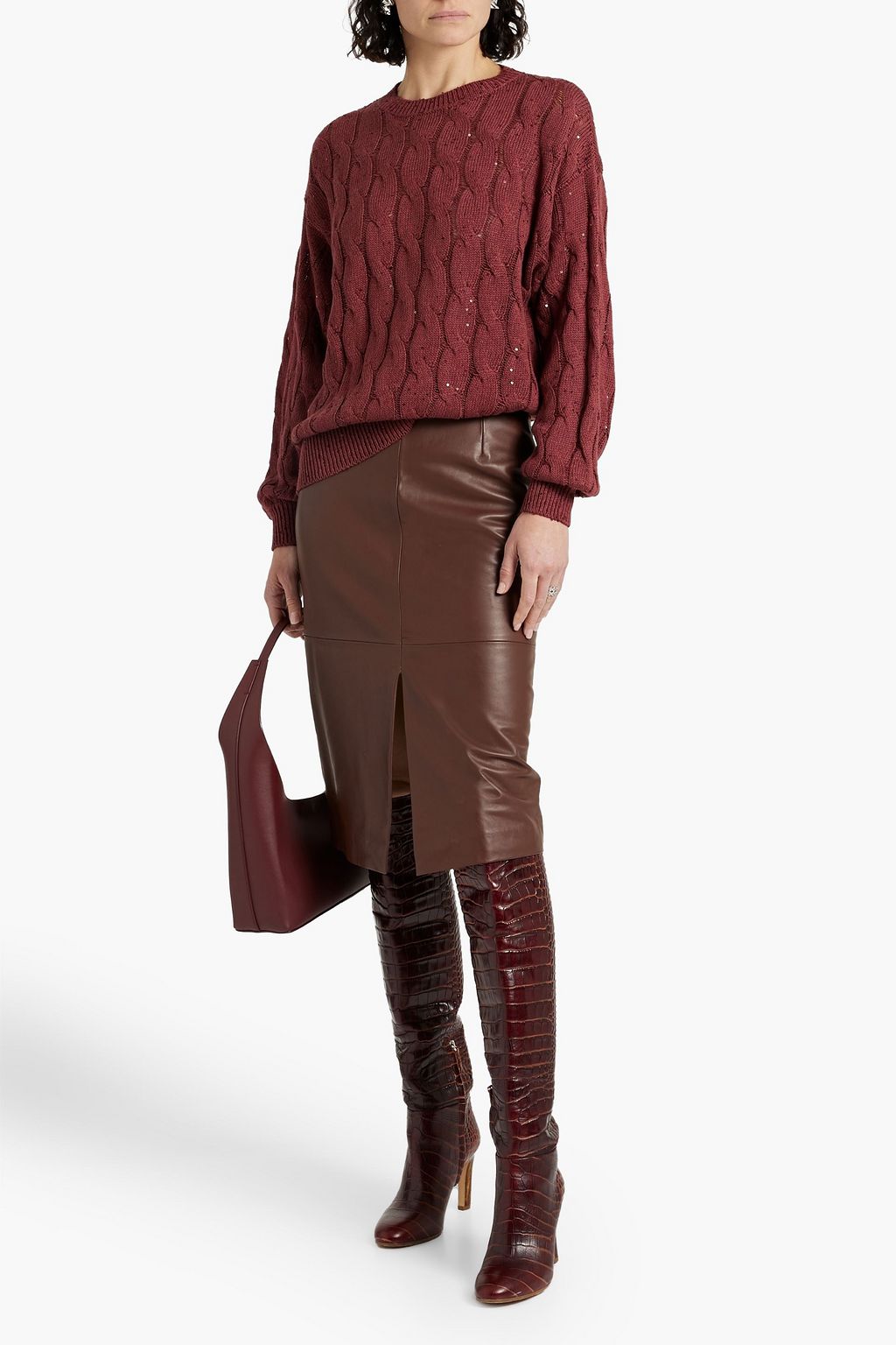 BRUNELLO CUCINELLI Pullover aus einer Baumwoll-, Leinen- und Seidenmischung mit Zopfstrickmuster und Verzierung