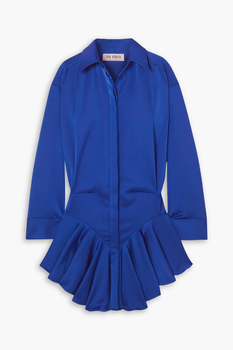 Shop Attico Candice Pleated Satin Mini Shirt Dress In Bright Blue