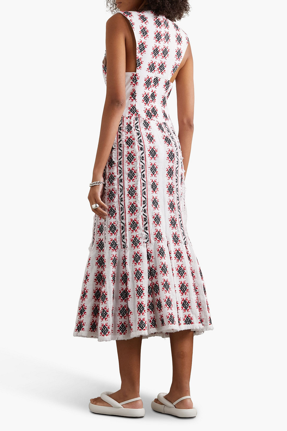 Rue Mariscal Frayed Tiered Cotton-jacquard Midi Dress In Red