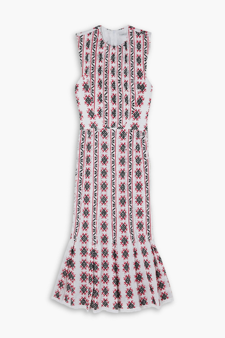 Rue Mariscal Frayed Tiered Cotton-jacquard Midi Dress In Red