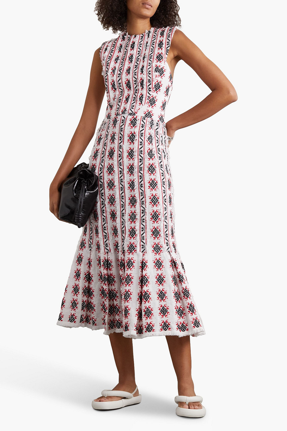 Rue Mariscal Frayed Tiered Cotton-jacquard Midi Dress In Red