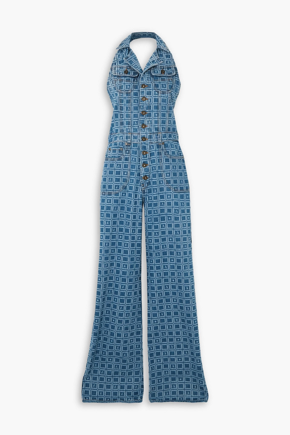 Ahluwalia Priya Printed Denim Halterneck Jumpsuit In Mid Denim