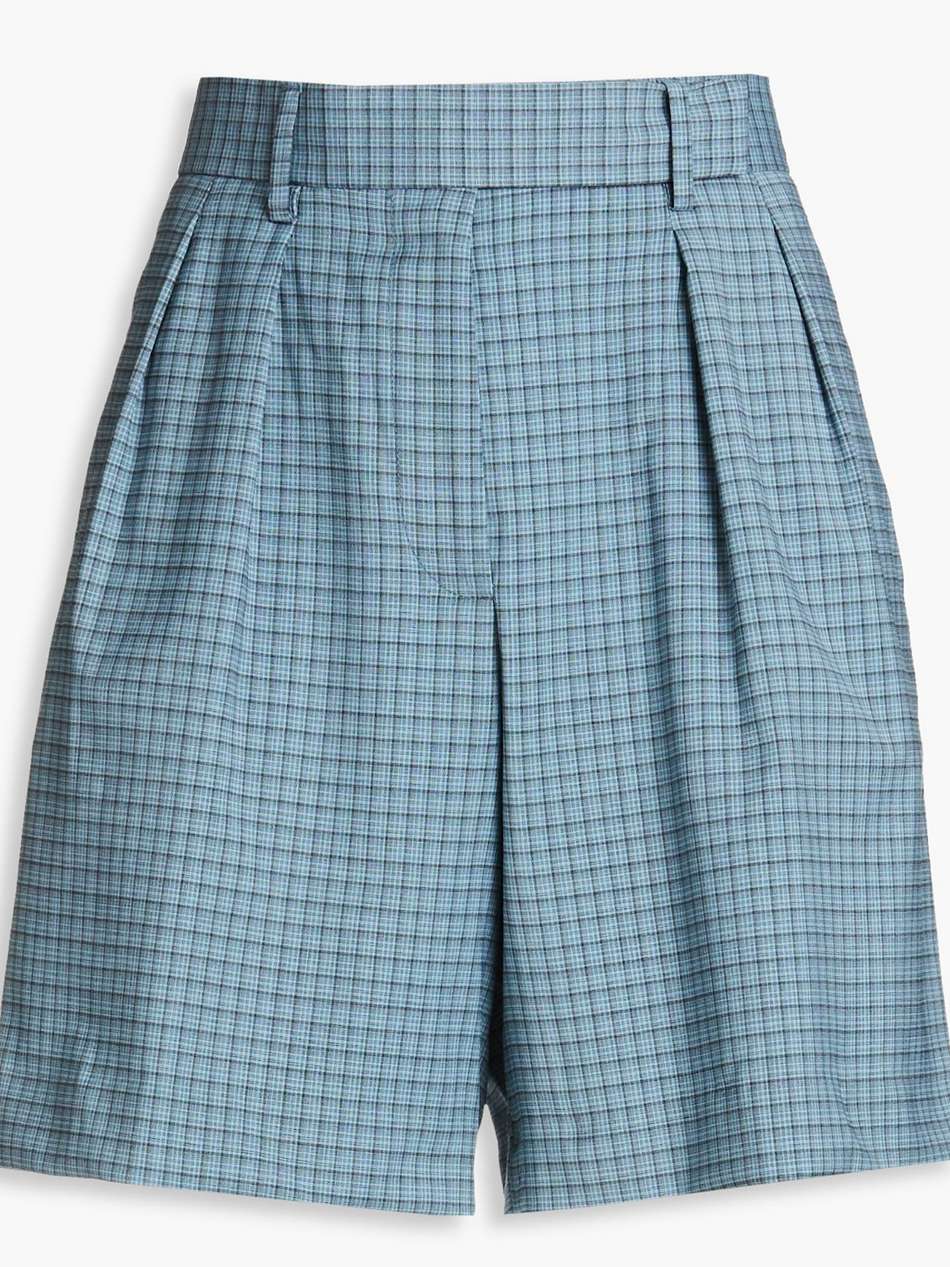 pleated checked wool-blend shorts