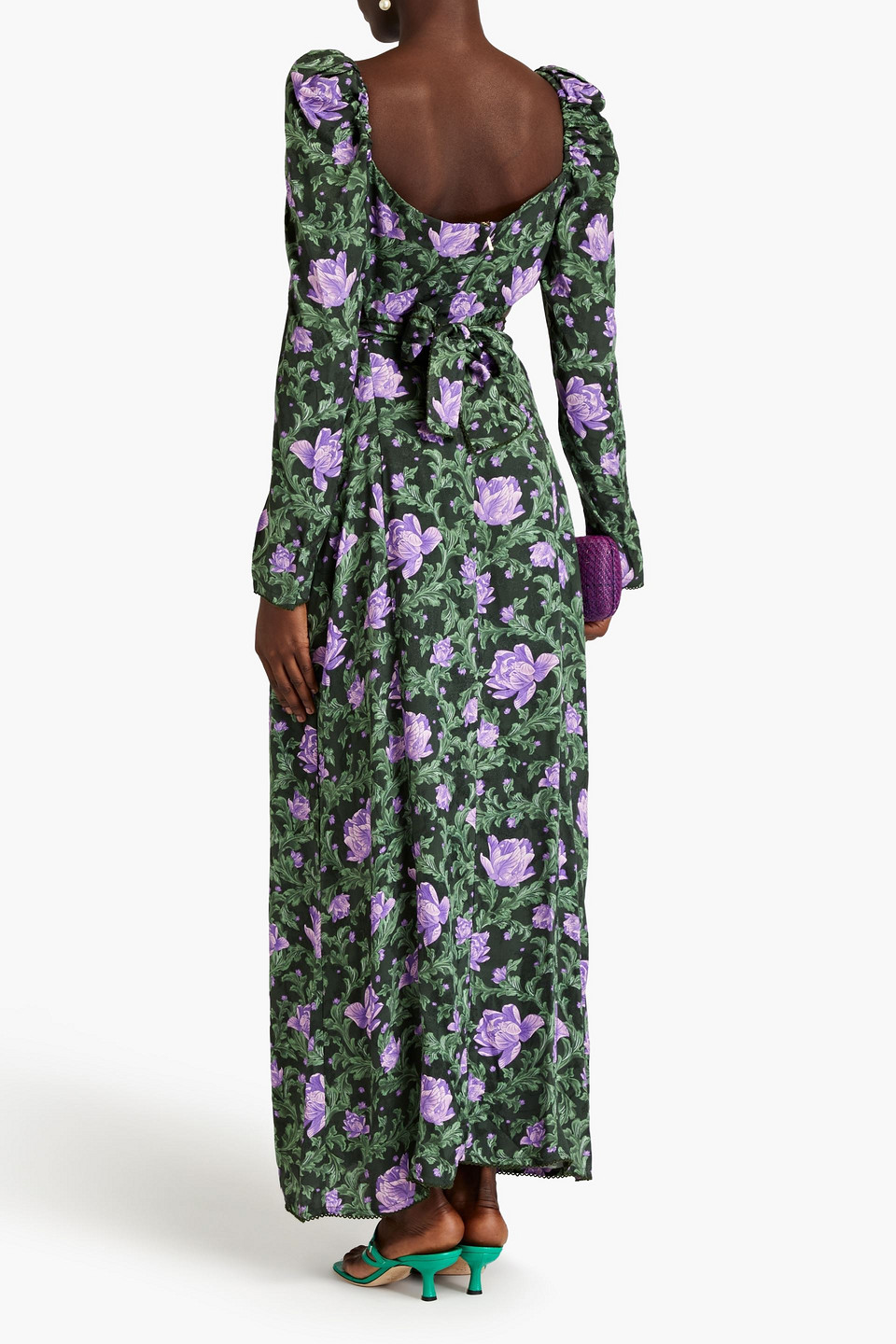 Agua By Agua Bendita Cutout Knotted Floral-print Linen-jacquard Maxi Dress In Forest Green