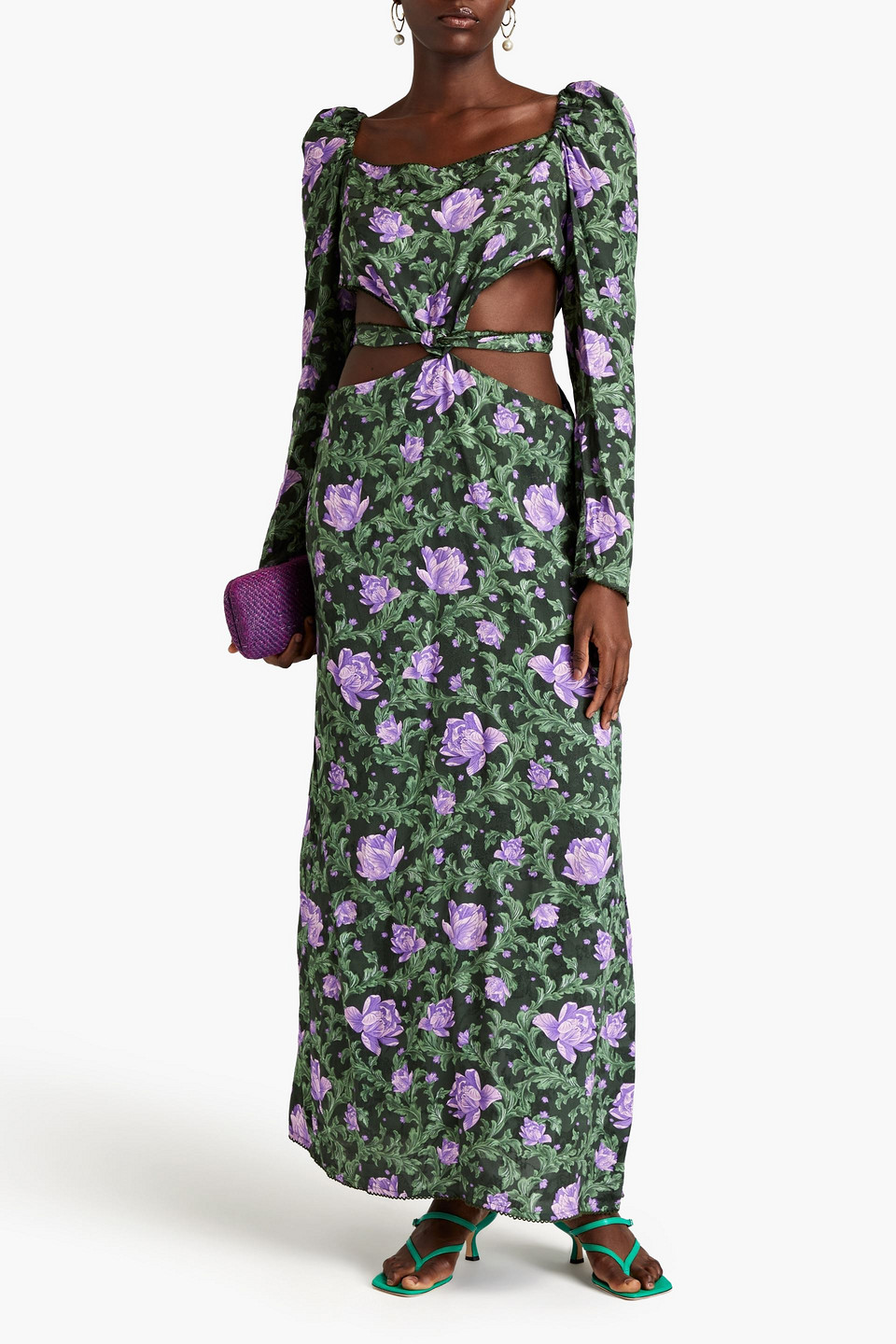 Agua By Agua Bendita Cutout Knotted Floral-print Linen-jacquard Maxi Dress In Forest Green