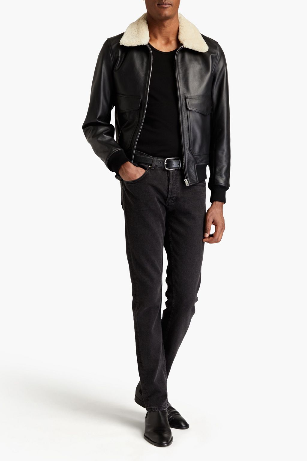 SANDRO Shearling-trimmed leather bomber jacket