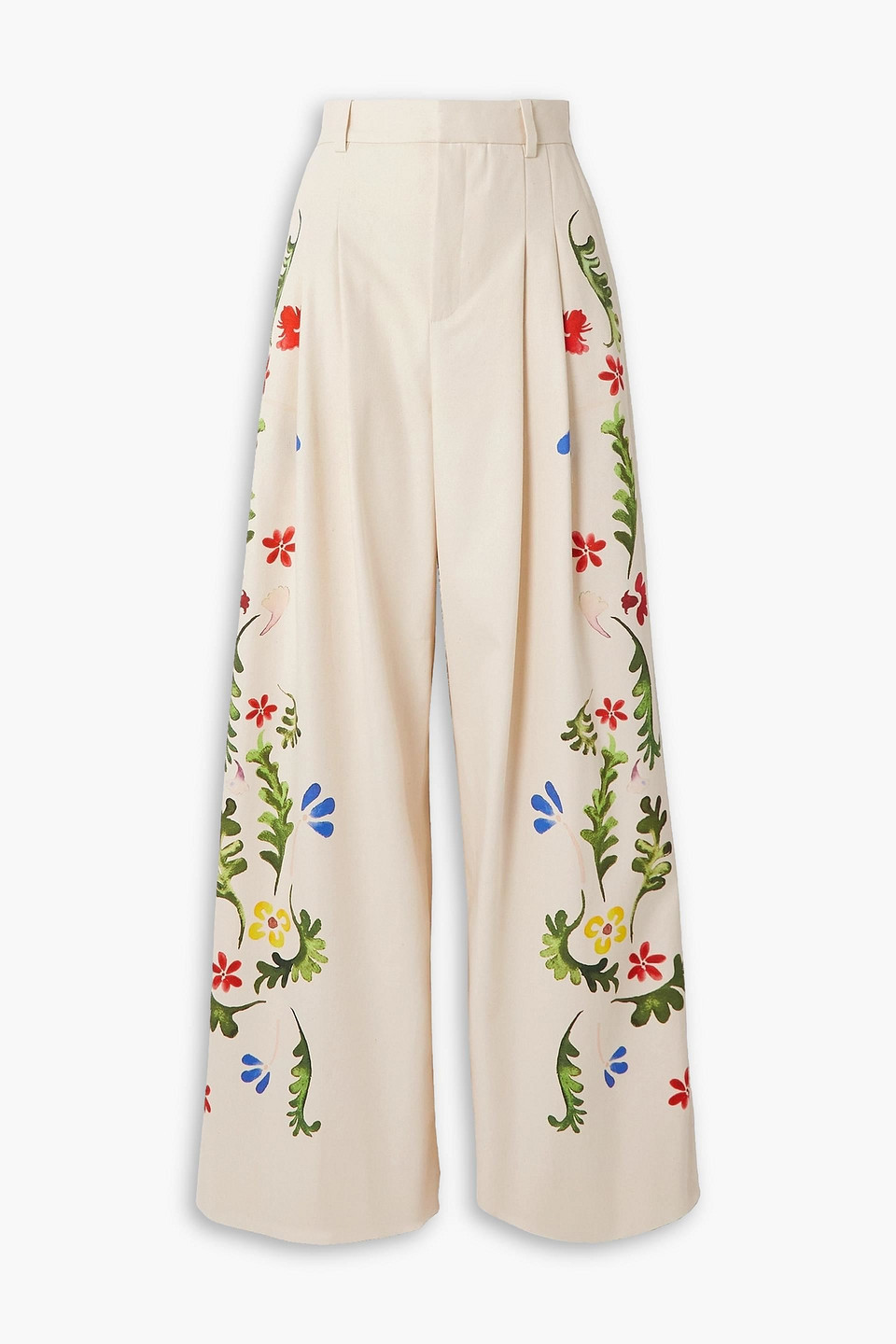 Rosie Assoulin Pleated Floral-print Cotton-canvas Wide-leg Pants In Beige