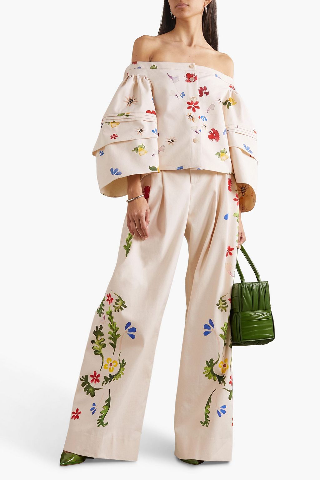ROSIE ASSOULIN Pleated floral-print cotton-canvas wide-leg pants