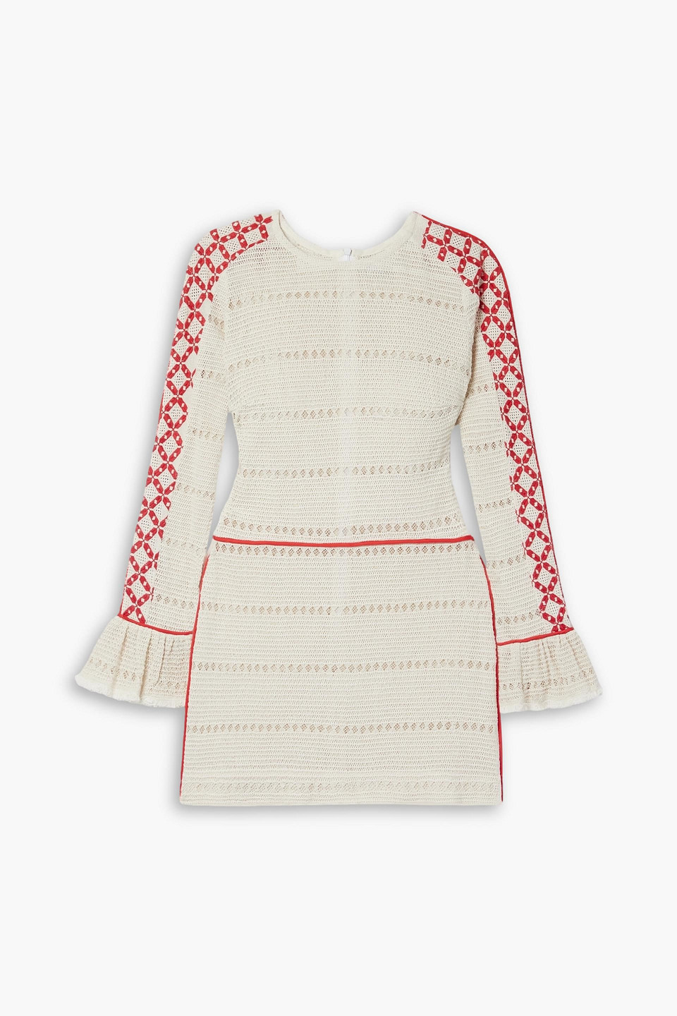 Rue Mariscal Frayed Embroidered Crocheted Cotton Mini Dress In Red