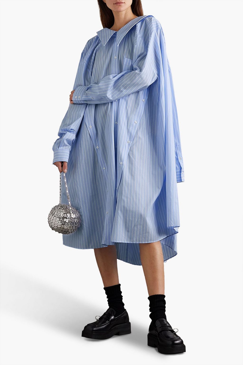 SIMONE ROCHA فستان متوسط الطول على شكل قميص من البوبلين القطني بتصميم مخطط ومتغير