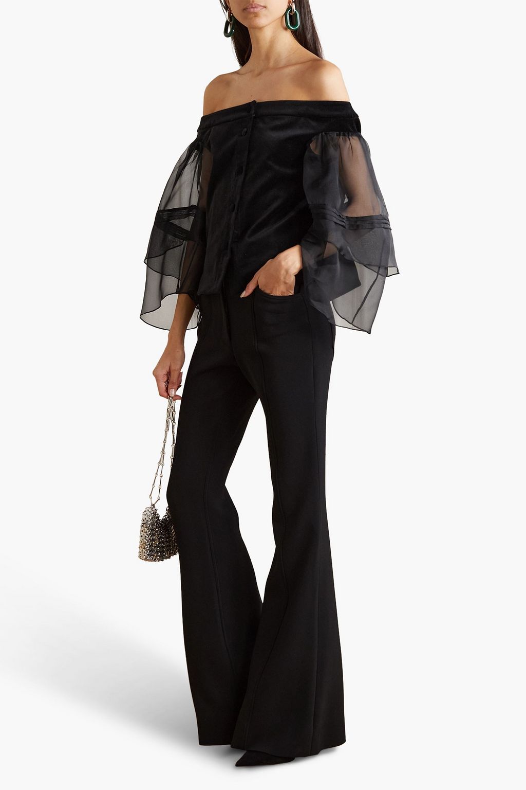 ROSIE ASSOULIN Off-the-shoulder cotton-velvet and silk-chiffon top