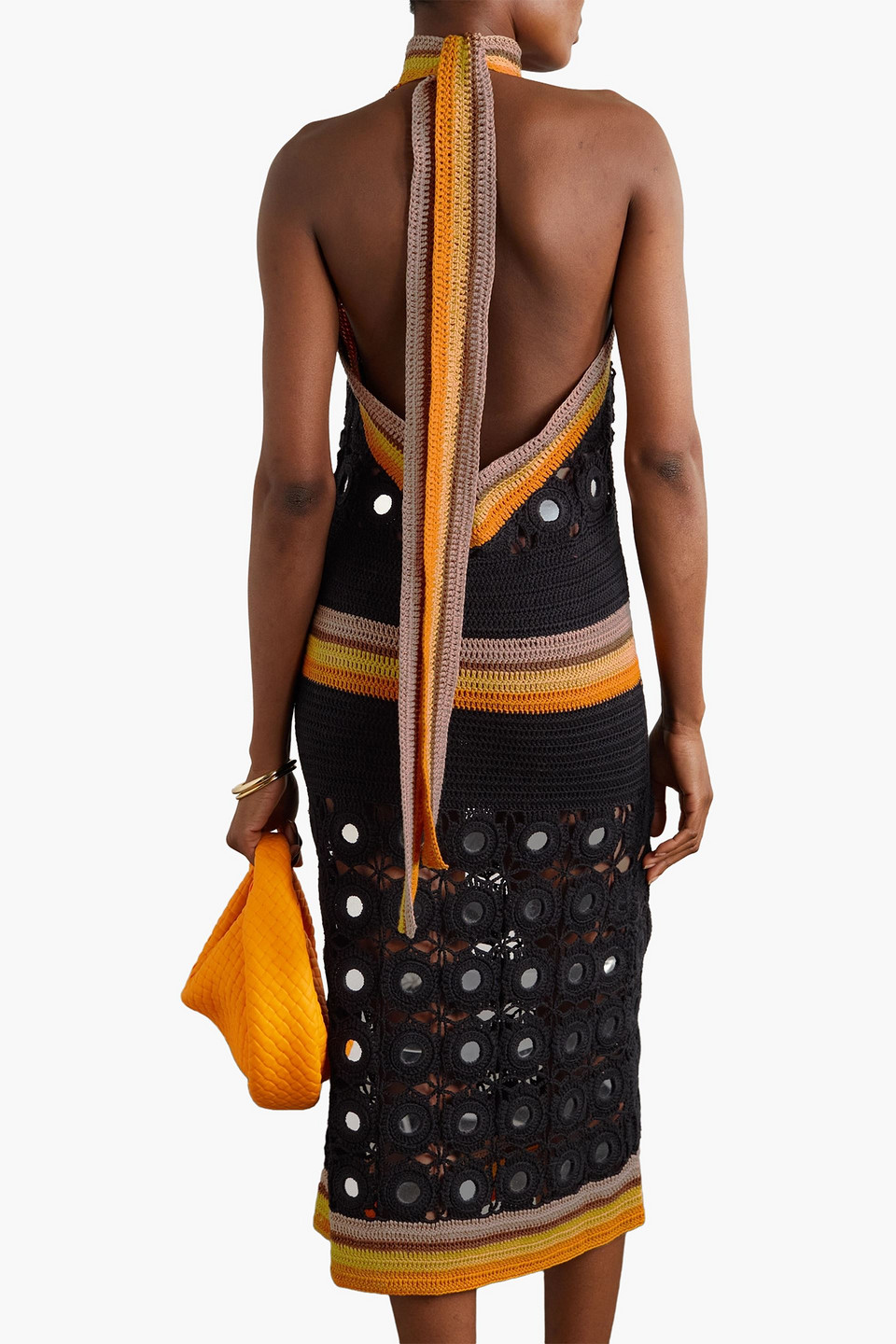 WALES BONNER MARIMBA MIRROR-EMBELLISHED STRIPED CROCHETED COTTON MIDI DRESS