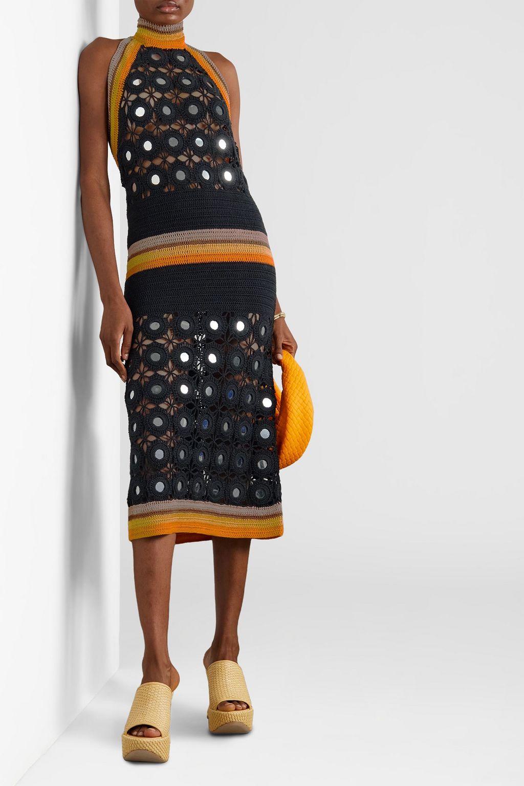 WALES BONNER Marimba gestreiftes Midikleid aus gehäkelter Baumwolle mit Spiegeldetails