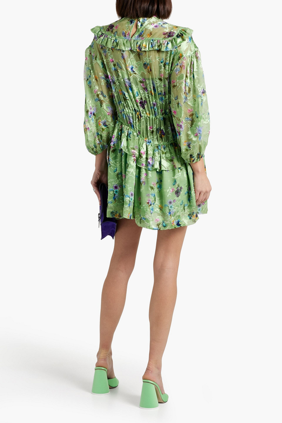 Shop Preen By Thornton Bregazzi Florence Ruffled Floral-print Devoré-chiffon Mini Dress In Green