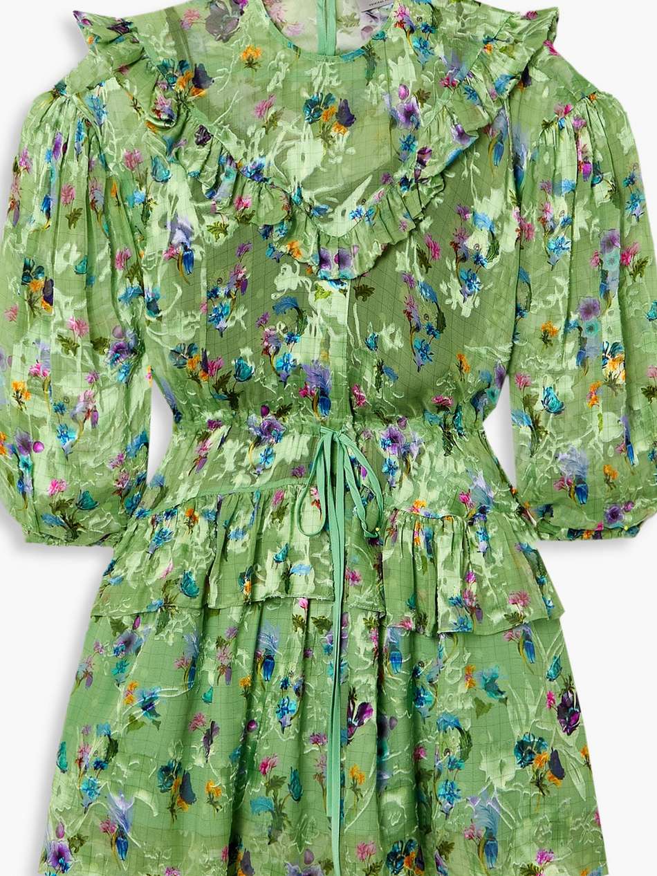 florence ruffled floral-print devoré-chiffon mini dress