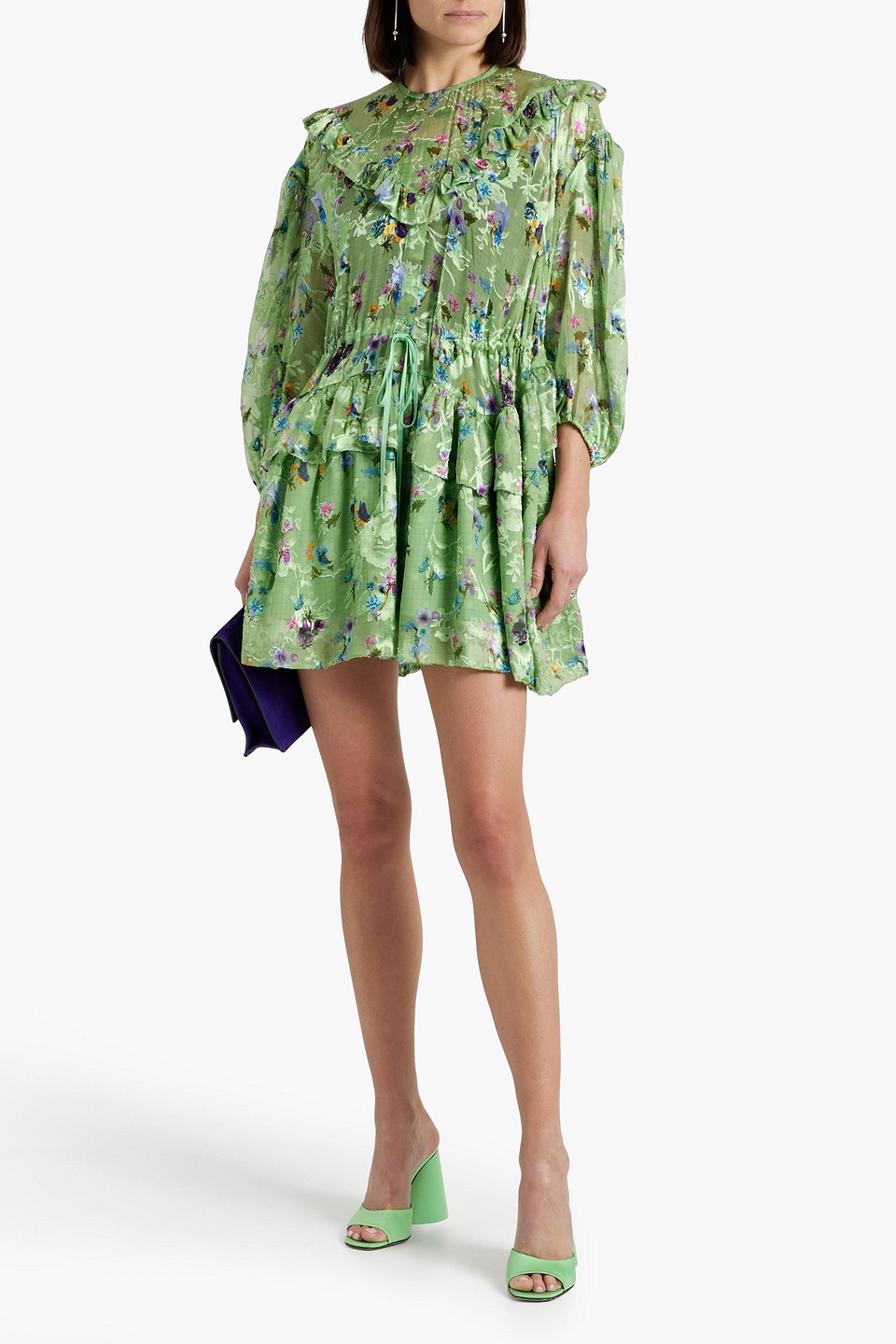 Shop Preen By Thornton Bregazzi Florence Ruffled Floral-print Devoré-chiffon Mini Dress In Green