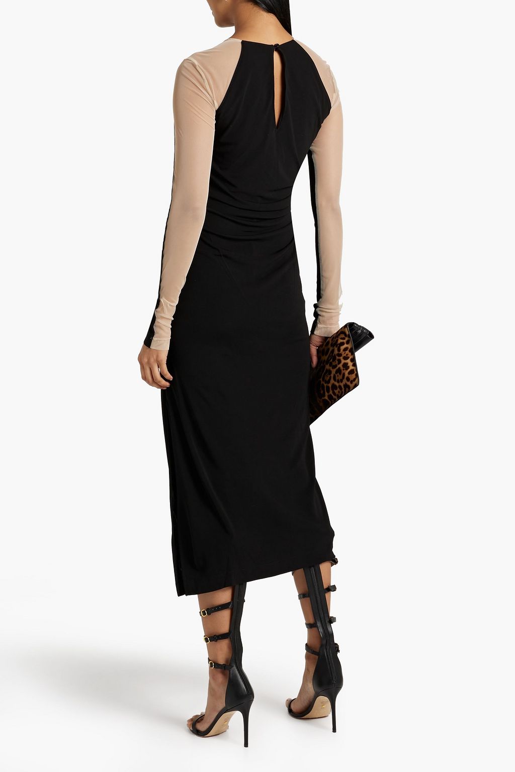 HELMUT LANG Mesh-paneled ruched jersey midi dress