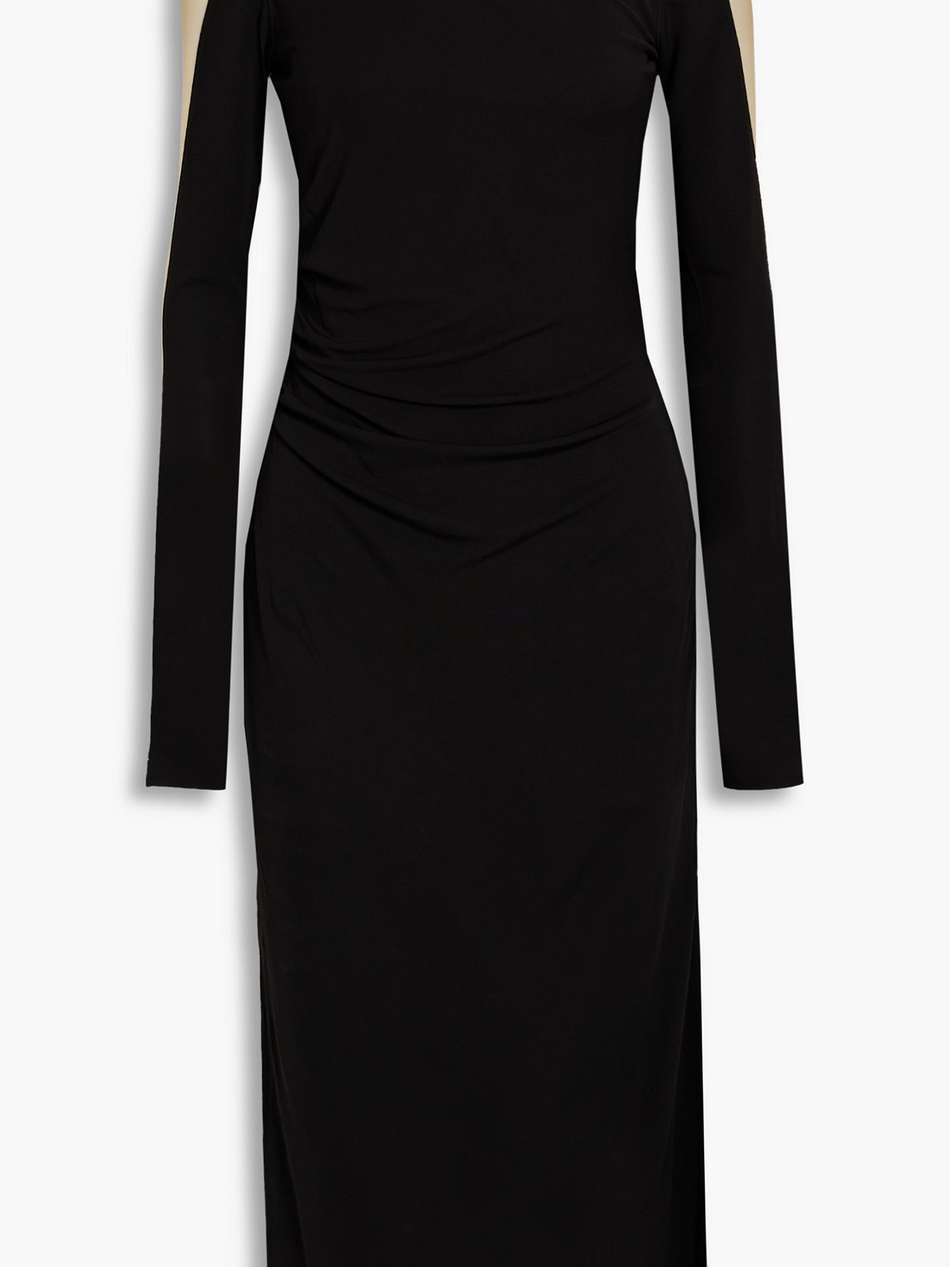 mesh-paneled ruched jersey midi dress