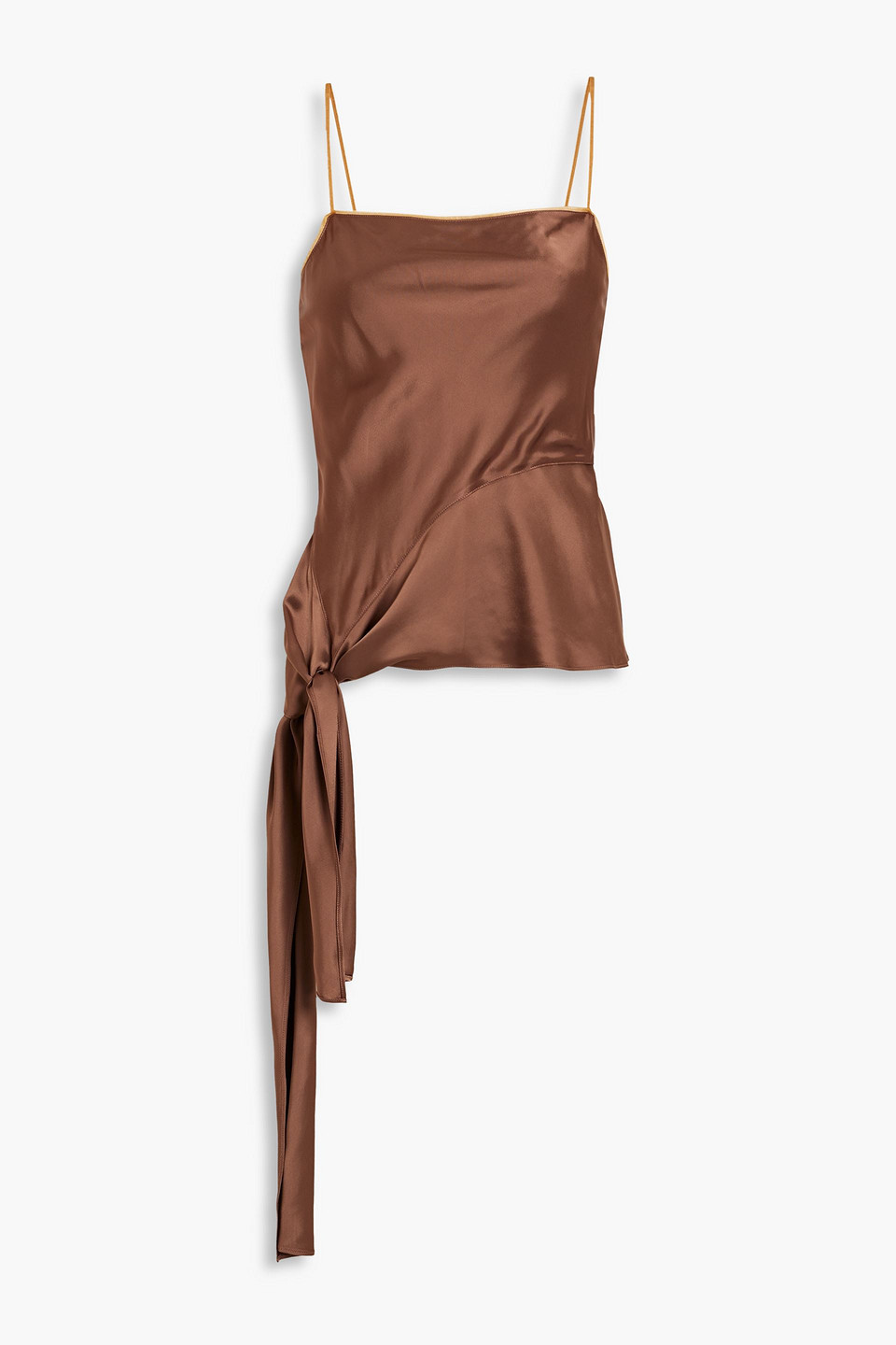 Shop Helmut Lang Organza-trimmed Asymmetric Knotted Satin Camisole In Brown