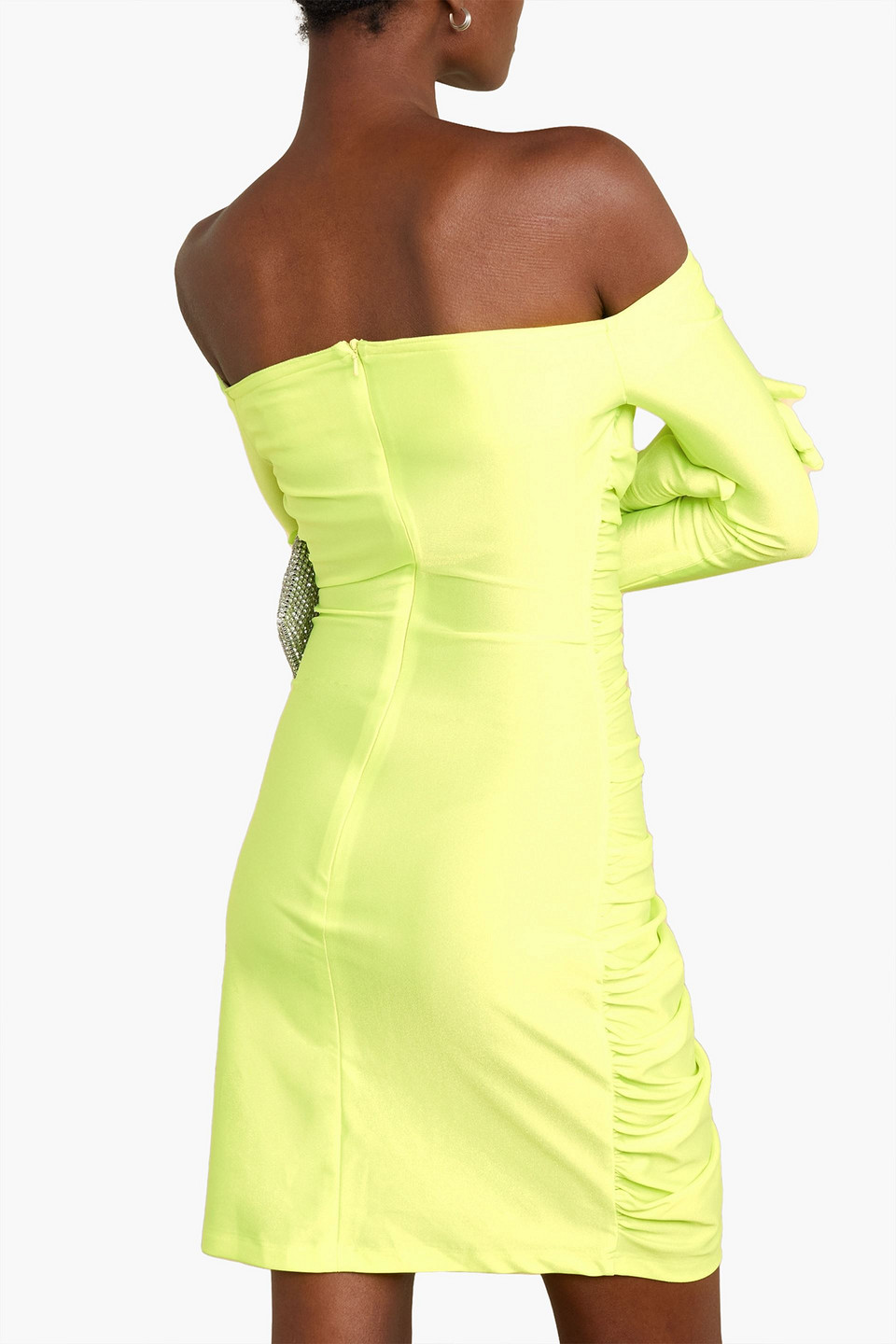 Shop Richard Quinn Off-the-shoulder Ruched Neon Stretch-jersey Mini Dress In Bright Yellow