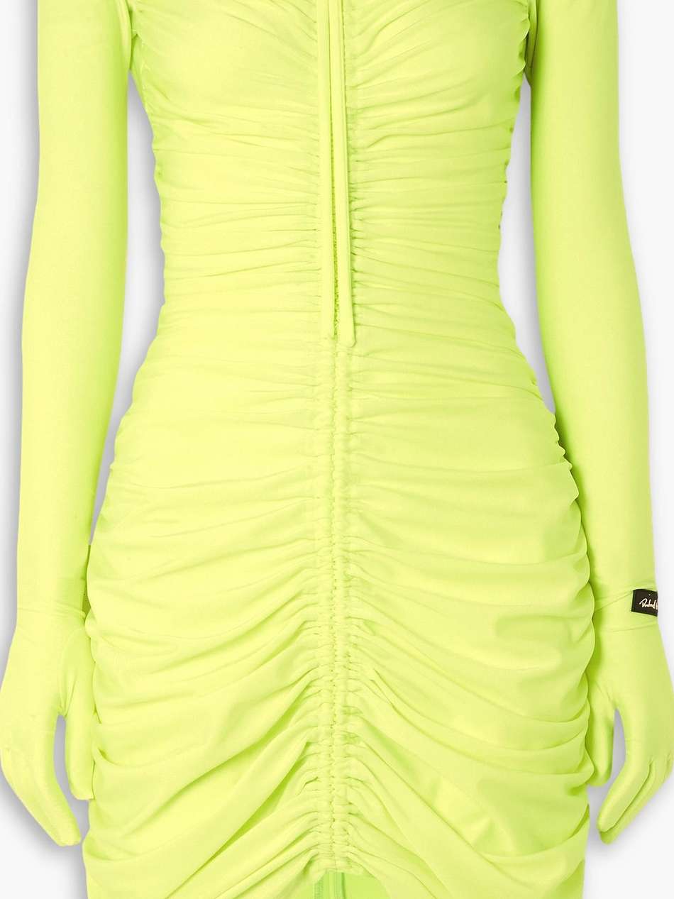 off-the-shoulder ruched neon stretch-jersey mini dress