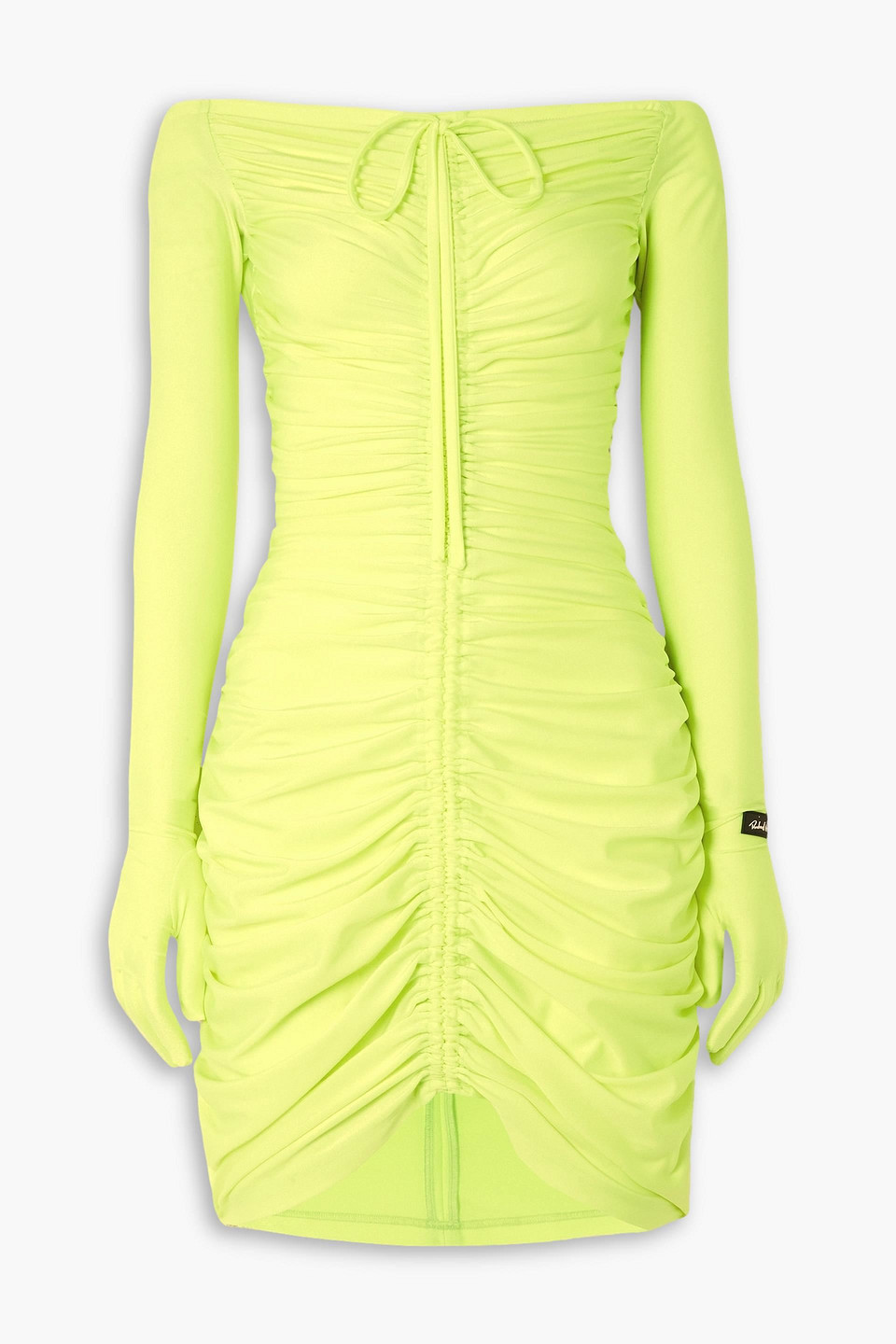 Off-the-shoulder ruched neon stretch-jersey mini dress