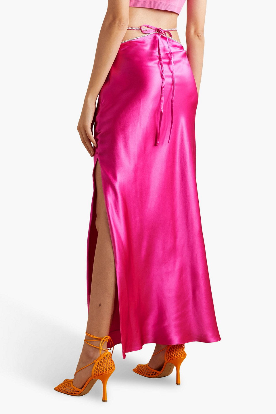 Shop Michael Lo Sordo Cutout Crystal-embellished Silk-satin Maxi Skirt In Bright Pink