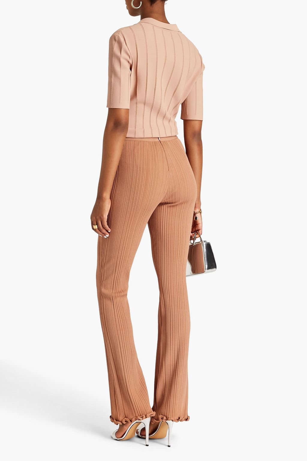HERVÉ LÉGER Ruffled ribbed-knit flared pants