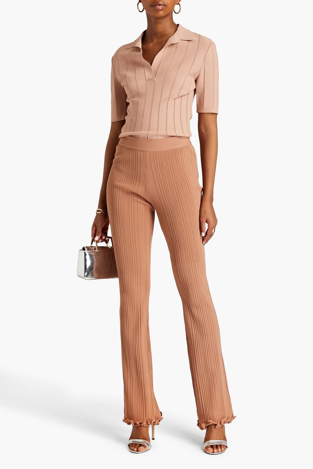 HERVÉ LÉGER Ruffled ribbed-knit flared pants