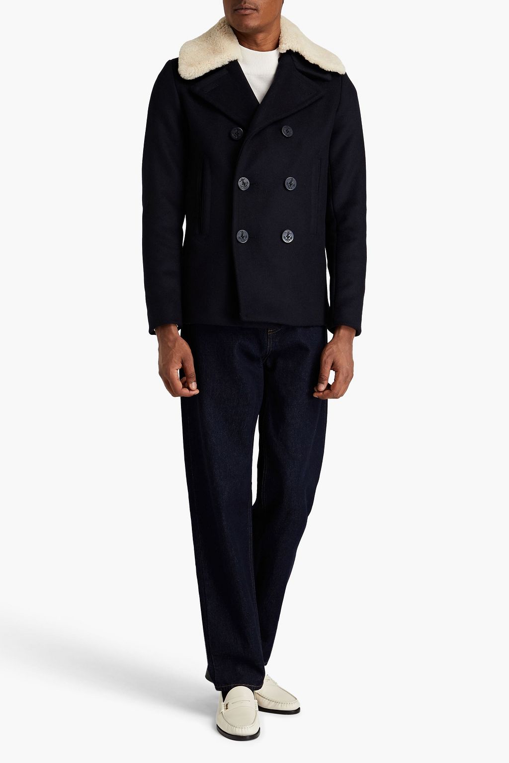 SANDRO Shearling-trimed wool-blend felt peacoat