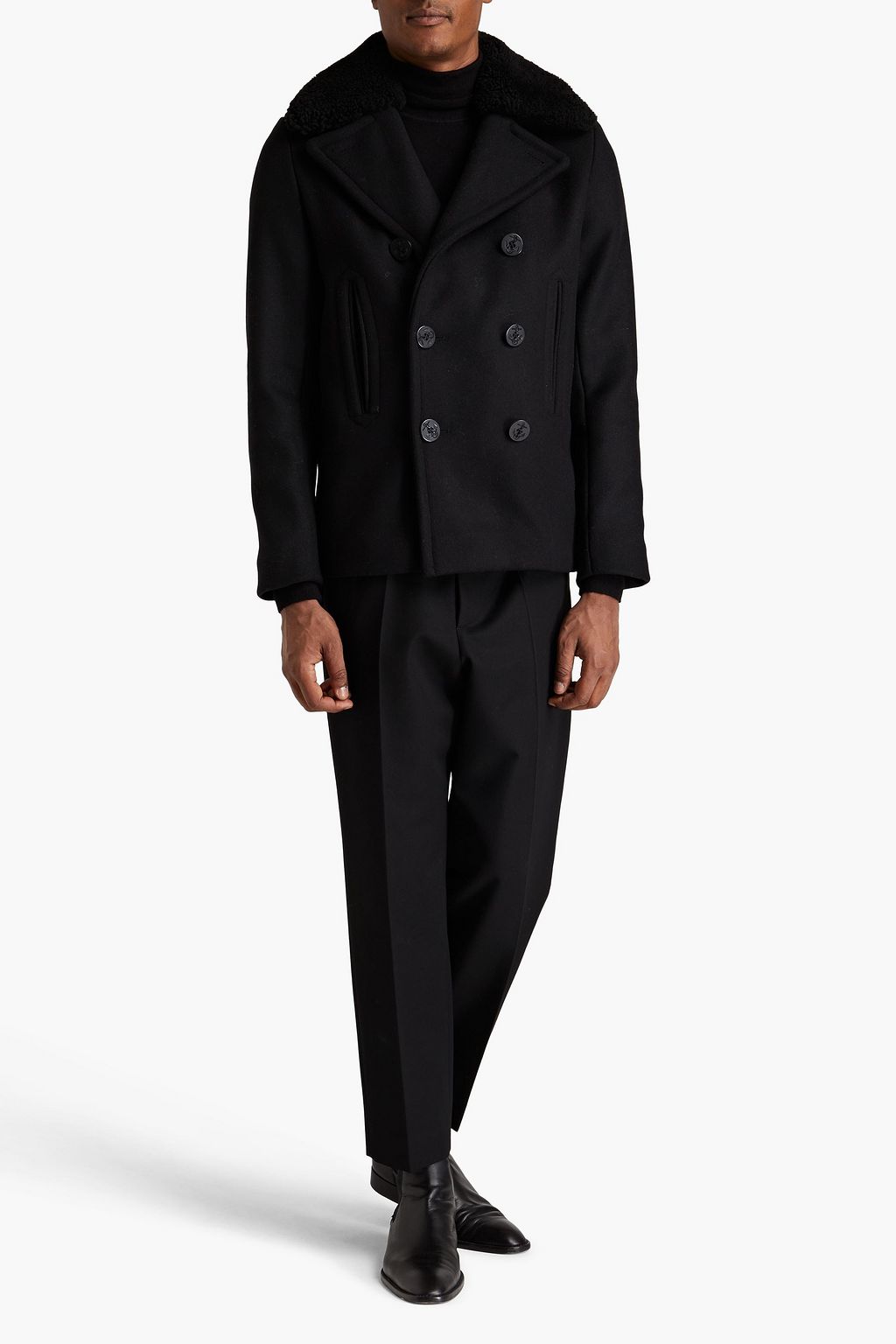 SANDRO Shearling-trimmed wool-blend felt peacoat