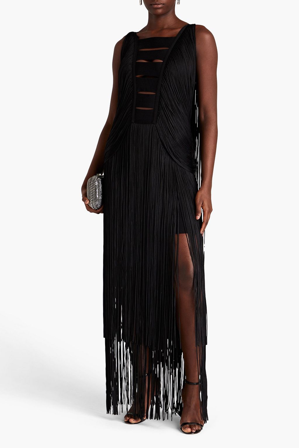 HERVÉ LÉGER Cutout fringed bandage gown