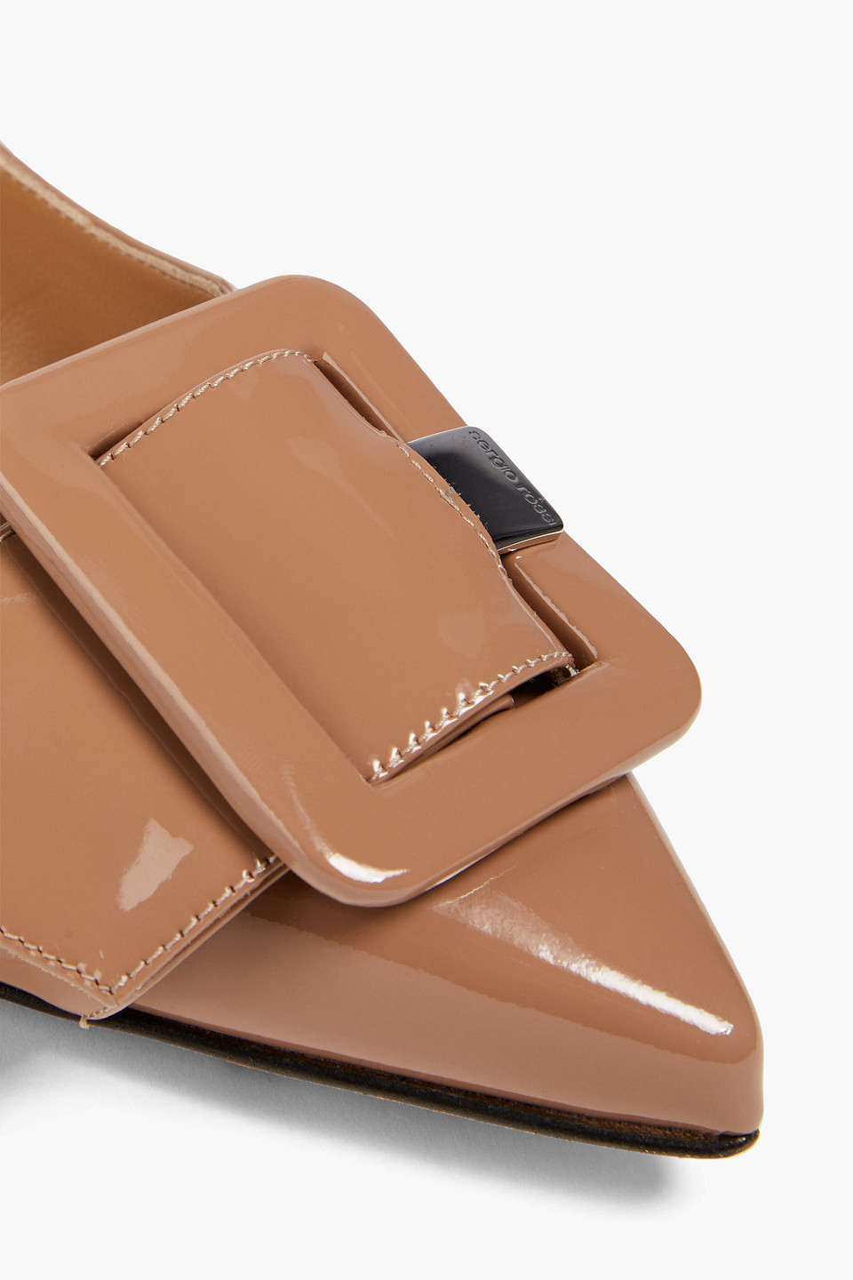SERGIO ROSSI BUCKLED PATENT-LEATHER POINT-TOE SLINGBACK FLATS