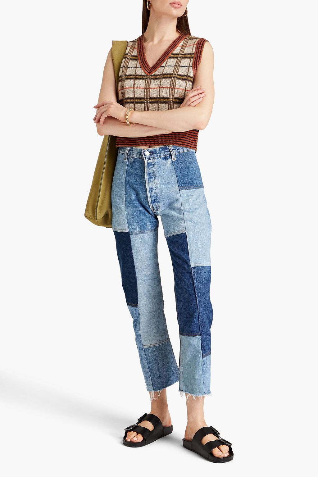 RE/DONE WITH LEVI'S Cropped patchwork mid-rise slim-leg jeans