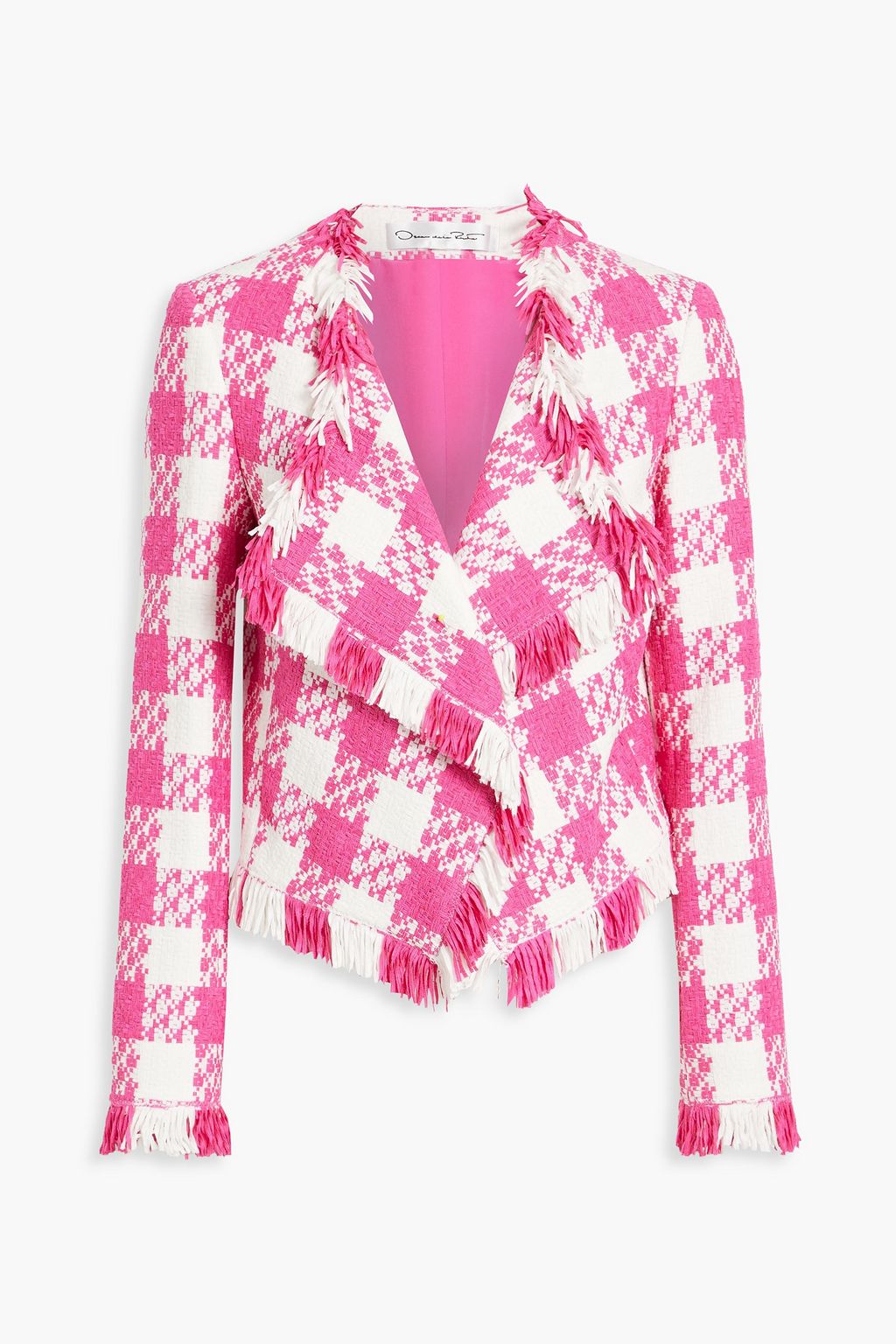 OSCAR DE LA RENTA Fringed checked cotton-blend tweed jacket | Sale up ...