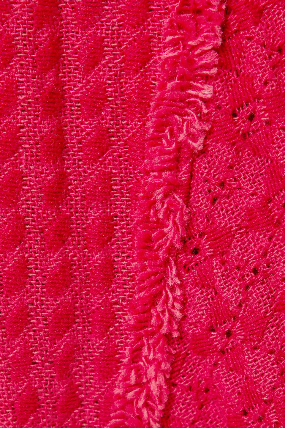 Rue Mariscal Frayed Embroidered Crocheted Halterneck Maxi Dress In Crimson
