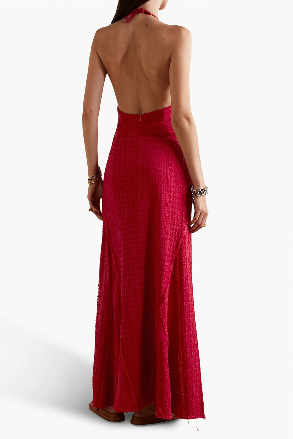 Rue Mariscal Frayed Embroidered Crocheted Halterneck Maxi Dress In Crimson