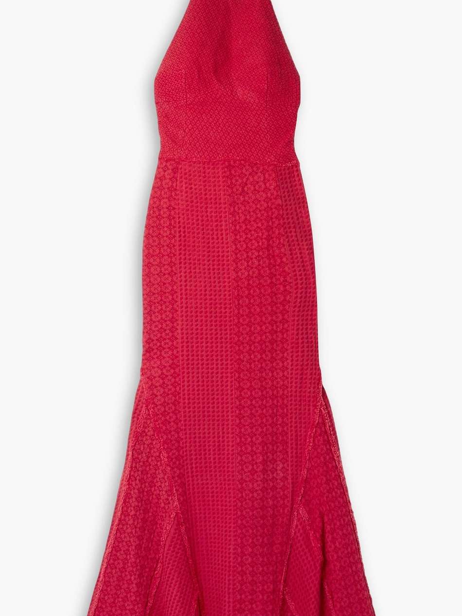 frayed embroidered crocheted cotton halterneck maxi dress