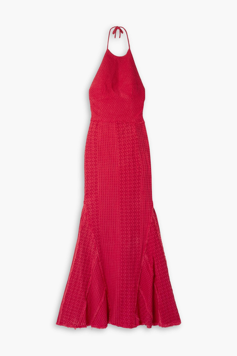 Rue Mariscal Frayed Embroidered Crocheted Halterneck Maxi Dress In Crimson