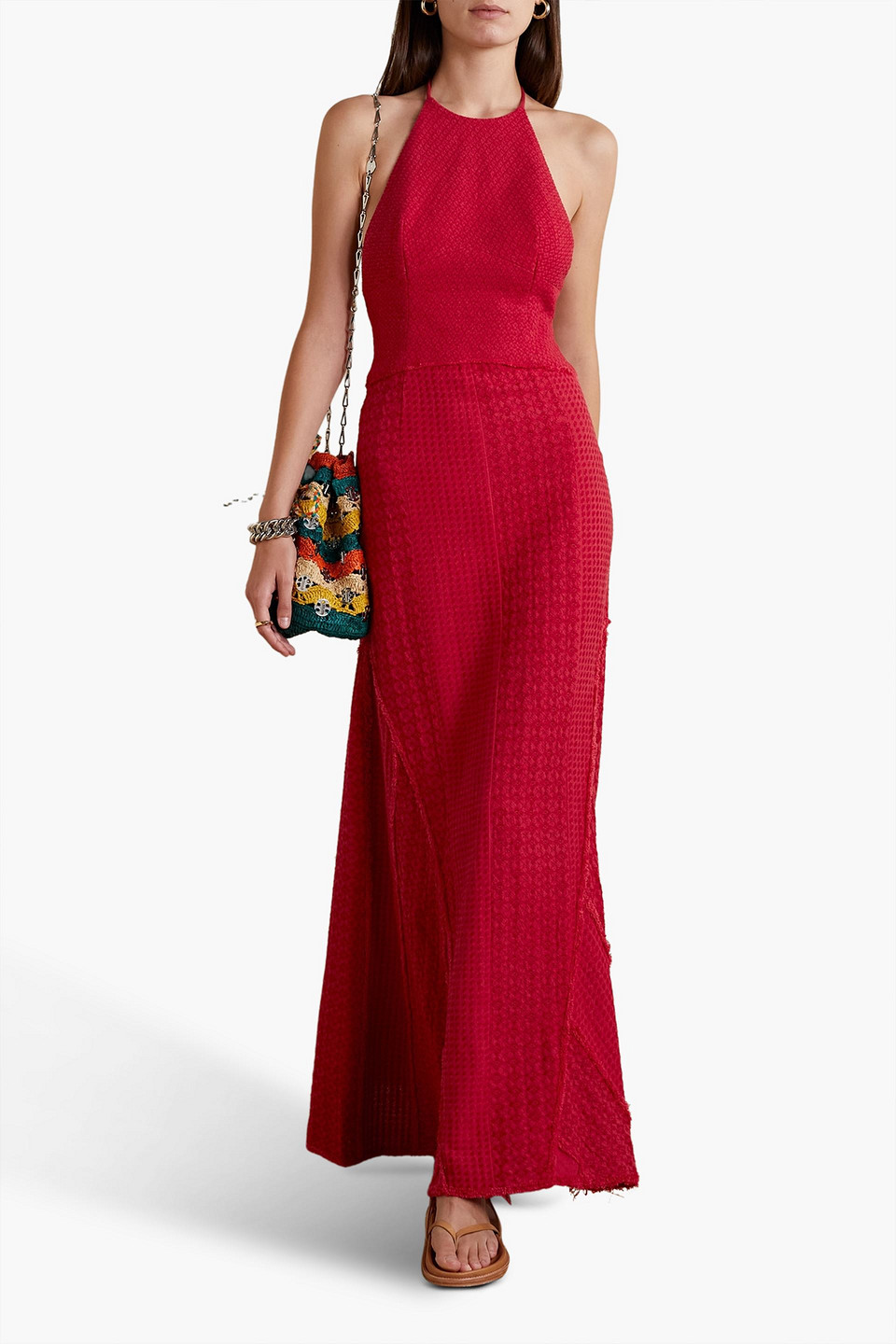 Rue Mariscal Frayed Embroidered Crocheted Halterneck Maxi Dress In Crimson