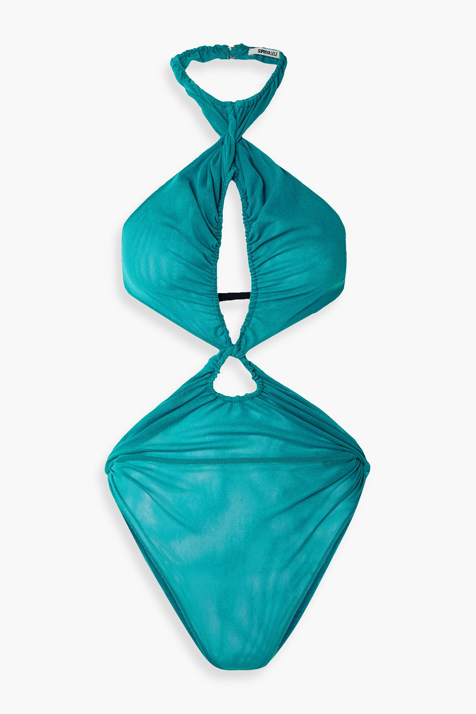 Supriya Lele Cutout Ruched Mesh Halterneck Bodysuit In Teal