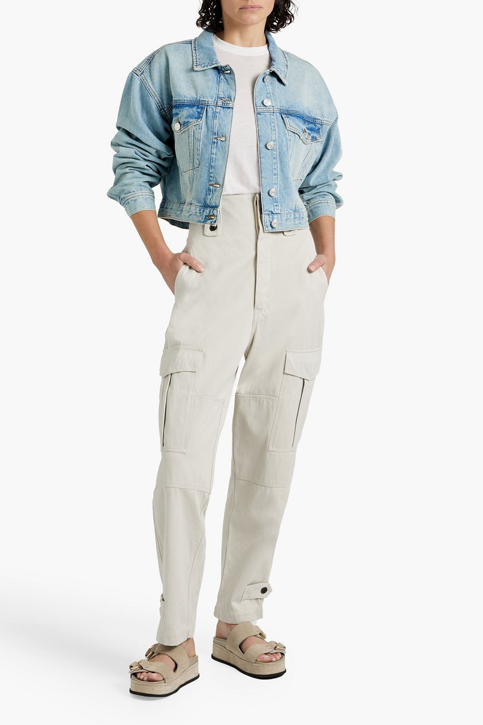  Frame - Cropped Faded Denim Jacket - Blue - L 