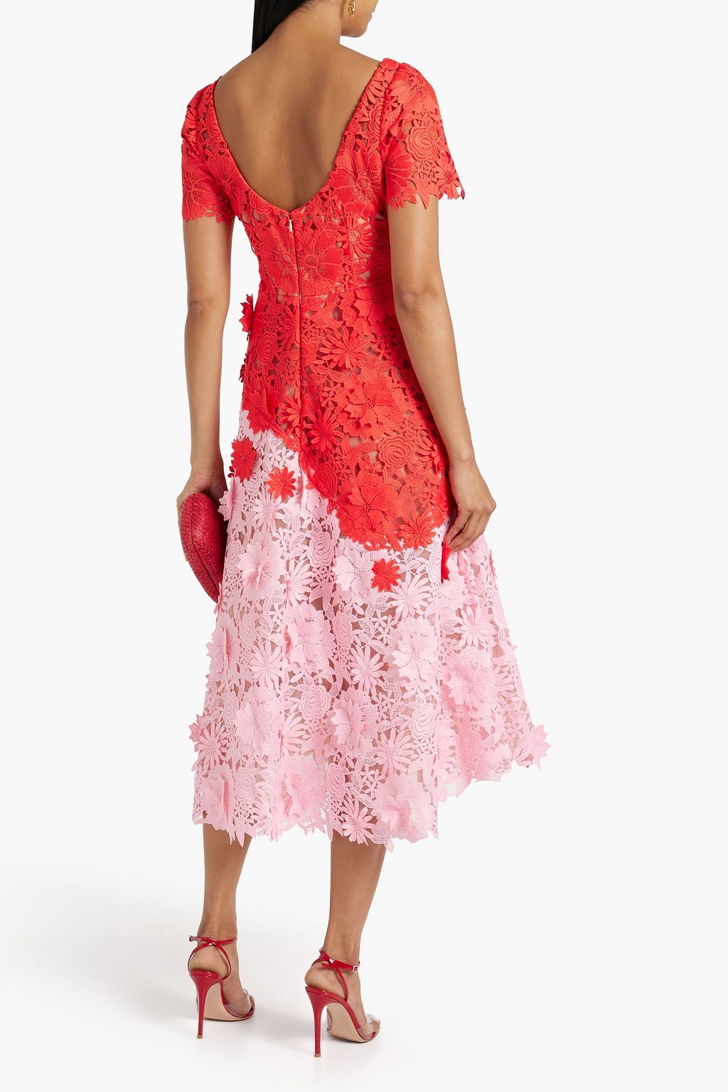 MARCHESA NOTTE Two-tone guipure lace midi dress
