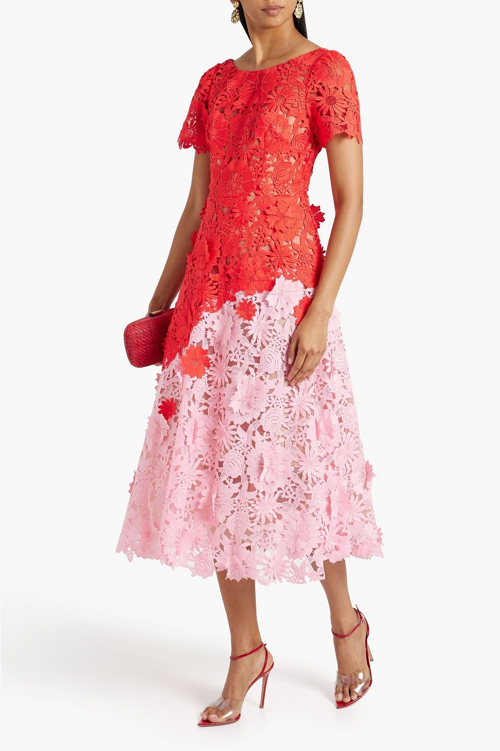 MARCHESA NOTTE Two-tone guipure lace midi dress