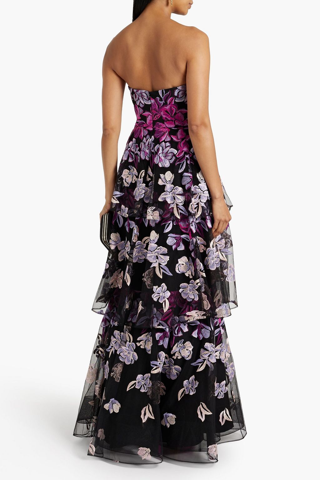 MARCHESA NOTTE Strapless tiered embroidered tulle gown