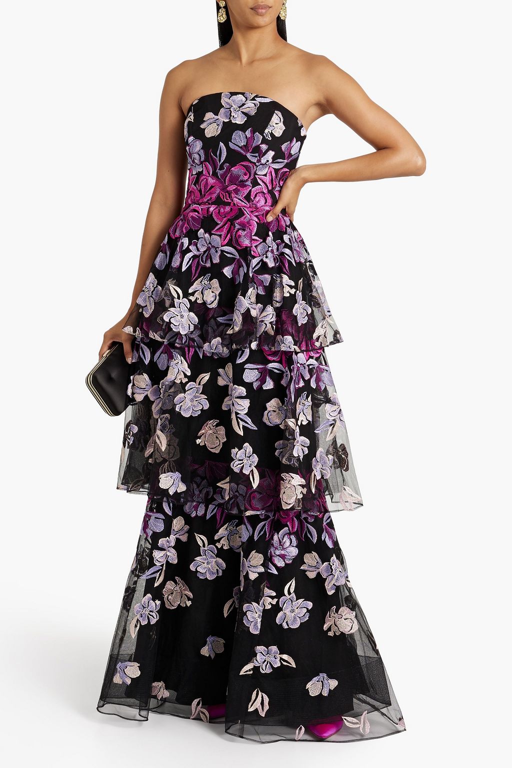 MARCHESA NOTTE Strapless tiered embroidered tulle gown